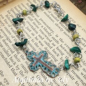 Alquimia Silver and Green malachite Cross Bracelet